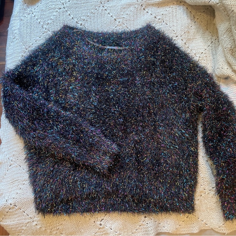 Rainbow sparkle tinsel fuzzy sweater